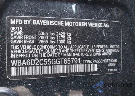 2016 BMW 640I Gran Coupe xDrive from USA, damaged, VIN WBA6D2C55GGT65791